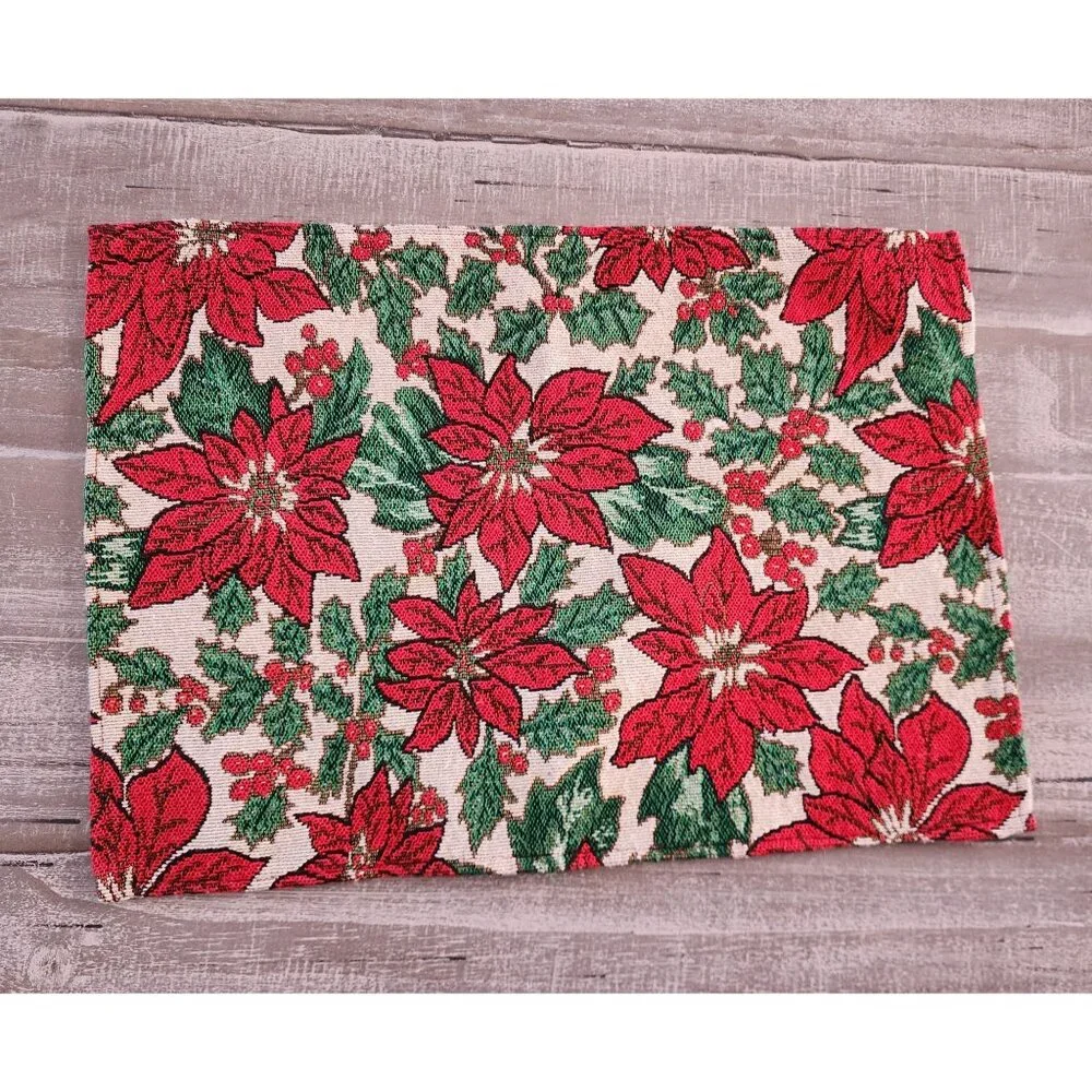 Festive Holiday Poinsettia Pattern Woven Tapestry Placemats Set Of 4 17
